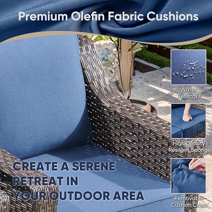 3 Pieces Patio Furniture Set-Wicker Patio Chairs Set of 2 with Tempered Glass End Table Outdoor Patio Chairs for Deck Balcony Poolside Backyard-Brown/Blue