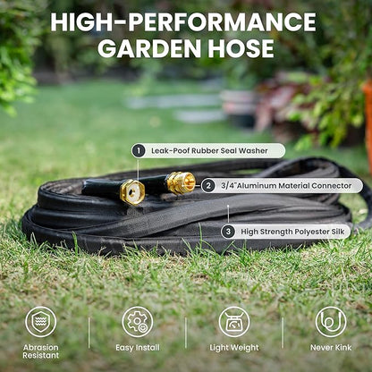 Giraffe Tools Garden Hose 75FT Lightweight Lay Flat Water Hose Kink Free Flexible Hose with 9 Spray Function Nozzle, Black