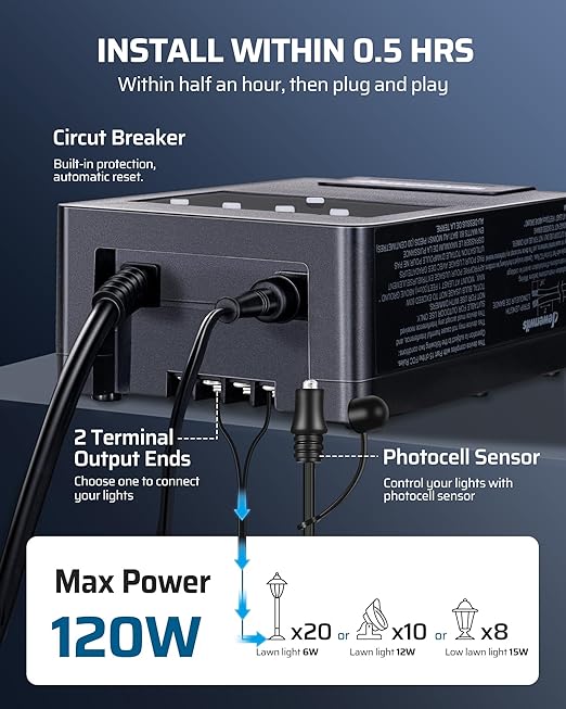 DEWENWILS 120W Low Voltage Transformer with Photocell Sensor & Timer, 120V AC to 12V DC, Weatherproof Landscape Lighting Transformer for Spotlights, Garden Lights, Steplight, Billboard…