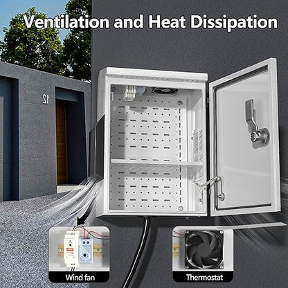 Outdoor Electrical Box with Thermostat and Fan, Cold-Rolled Steel Plate, Aluminum Alloy Back Beam, One-Piece Ventilation Design, IP65 Waterproof, Wall/Pole Mounted. (15.7" x 11.8" x 5.9")