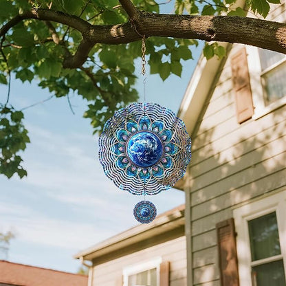 Wind Spinners Outdoor, Retro Blue Lotus Earth 3D Stainless Steel Wind Sculpture Spinner for Garden Outside Hanging Decor Mother's Day Christmas Birthday Gift for Women Men Mom Nana 9.8 in