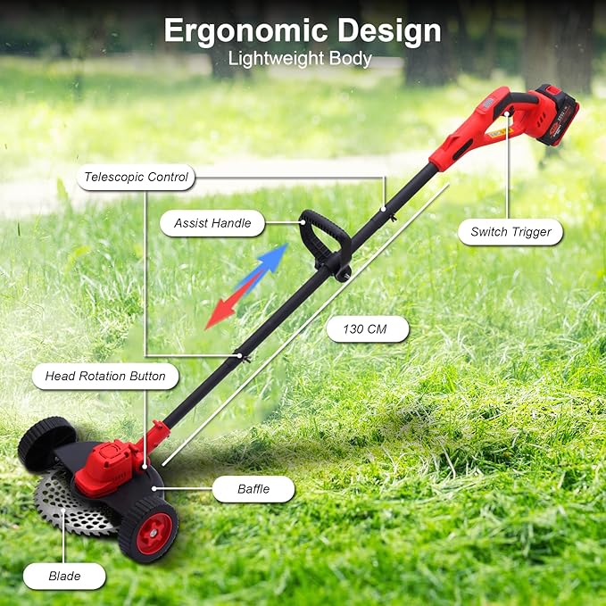 Electric Weed Wacker Cordless Weed Eater Battery Powered, 21V Stringless Grass Trimmer/Edger/Brush Cutter/Lawn Mower, 2 Battery with Wheel & Blades for Yard Garden
