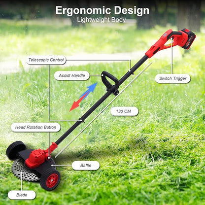 Electric Weed Wacker Cordless Weed Eater Battery Powered, 21V Stringless Grass Trimmer/Edger/Brush Cutter/Lawn Mower, 2 Battery with Wheel & Blades for Yard Garden