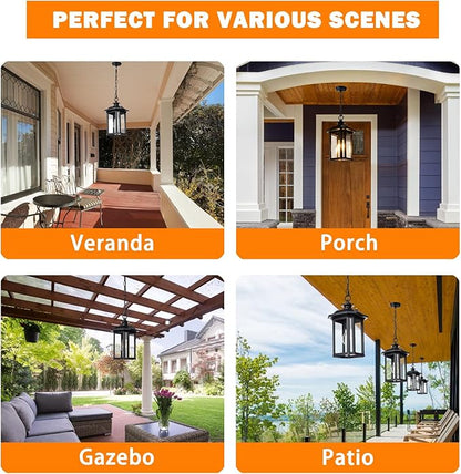 JYZ Dusk to Dawn Outdoor Pendant Lighting, Large Exterior Hanging Lantern Light Fixture, Classic Black Outdoor Chandelier, Outside Ceiling Mount Hanging Lamp for Porch Hallway Foyer Patio Gazebo