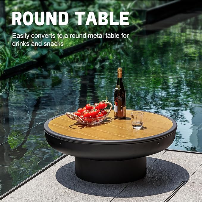 32in Fire Pit Table with Lid,Heavy Duty and Deep Fire Bowl,Outdoor Wood Burning BBQ Grill Firepit Bowl with Cover Lid, Fire Pit for Outside Table for Backyard Bonfire Patio Picnic