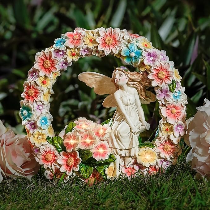 Garden Whimsical Gnome and Bulldog Statue Delightful Garden Decoration with Solar Light Gifts for Yard, Patio Decor (Flower Angel)