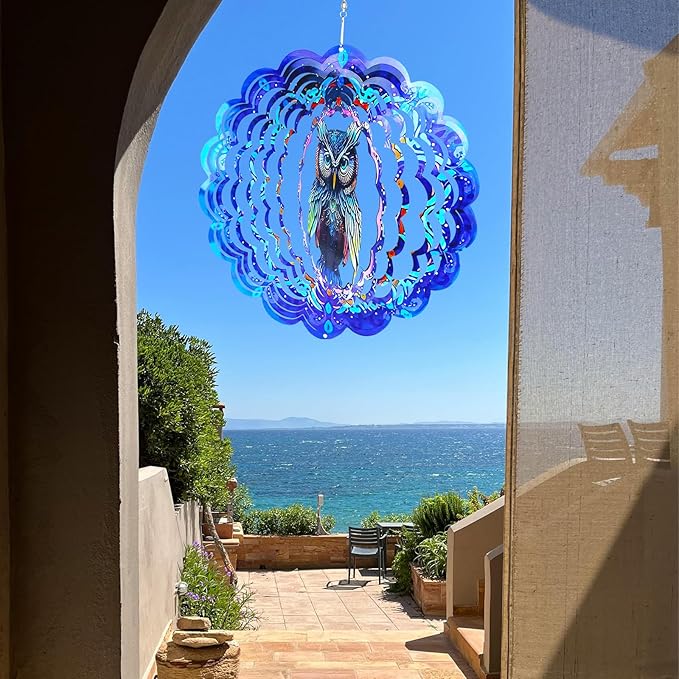 Wind Spinners Owl Arts12 inch 3D Stainless Steel Laser Cut Metal Art Geometric Pattern Wind Sculpture Hanging for Yard Garden Decorations Gifts Indoor Outdoor