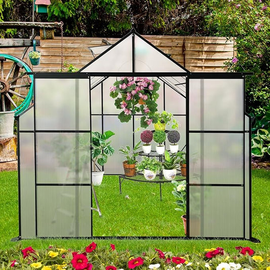Favfurish 8X8 FT Greenhouses for Outdoors,Polycarbonate Greenhouse, Aluminum Heavy Duty Walk-in Green Houses, Adjustable Roof, Raised Base and Double Sliding Door for Outside Backyard, Black