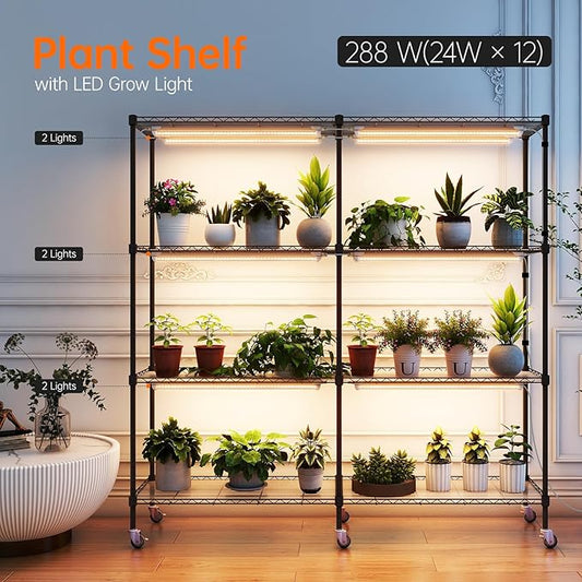 Bstrip Plant Shelf with Grow Light, 4-Tier Large Grow Light Shelf with Wheels, Stainless Steel, 12-Pack 288W T8 Full Spectrum Grow Lights for Seed Starting(57.4" L x 13.8" W x 59" H)