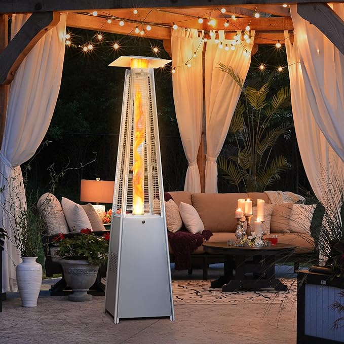 LAUSAINT HOME Pyramid Patio Heater, 48,000 BTU Outdoor Patio Heater All Stainless Steel, Upgraded Quartz Glass Tube Propane Heater for Backyard Commercial, Tip-Over Protection, Cover & Wheels