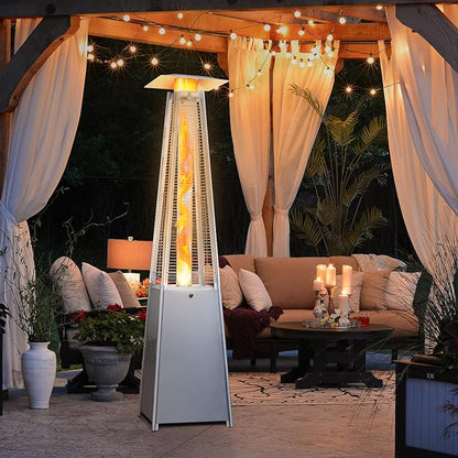 LAUSAINT HOME Pyramid Patio Heater, 48,000 BTU Outdoor Patio Heater All Stainless Steel, Upgraded Quartz Glass Tube Propane Heater for Backyard Commercial, Tip-Over Protection, Cover & Wheels