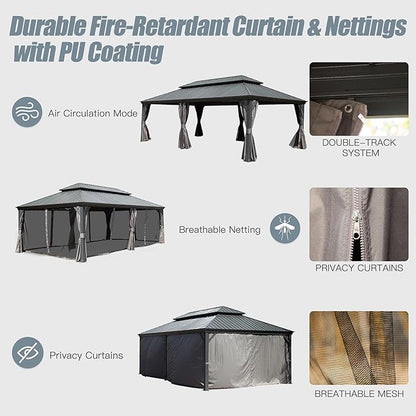 Domi 14' X 24' Hardtop Gazebo Large Outdoor Metal Gazebo Canopy with Galvanized Steel Double Roof, Aluminum Frame, Curtains and Netting for Patio, Deck, Garden, Grey