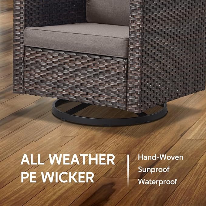 4 Piece Wicker Patio Furniture with Fire Pit Table - Outdoor Conversation Set with 50,000 BTU Fire Pit, All Weather Rattan Patio Set for Deck Backyard Garden - Brown Wicker Grey Cushion