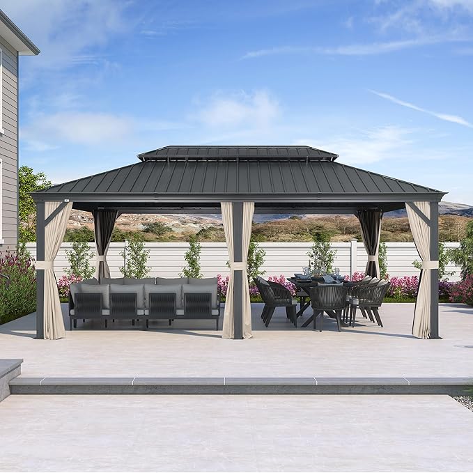 PURPLE LEAF 12' X 20' Hardtop Gazebo with Galvanized Steel Double Roof Aluminum Metal Gazebo for Patio Lawn and Garden Included Netting and Beige Curtains