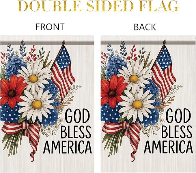 God Bless America Garden Flag 12x18 Inch Double Sided 4th of July Patriotic Flag Daisy Flower Yard Banner Outdoor Decoration for Memorial Independence Day Seasonal Holiday Home Decor