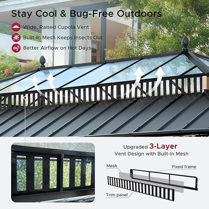 SUNJOY Kingston 20' x 12' Hardtop Gazebo with Galvanized Steel/Polycarbonate Double Roof, Curtain and Netting, Woodgrain Finish Aluminum Posts Permanent Pavilion Gazebo for Garden, Patio, Deck, Lawn