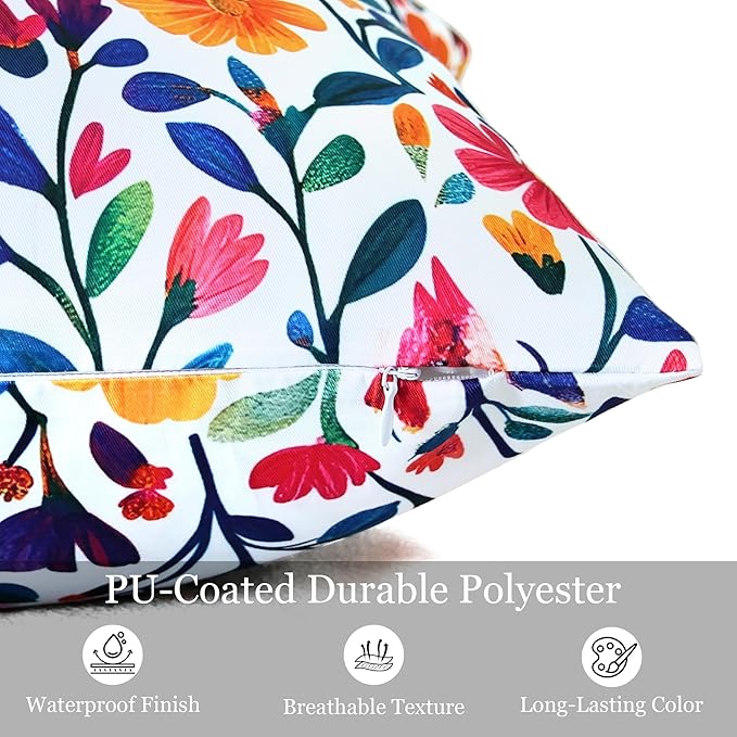 Outdoor Pillow Covers 18x18 Inch Set of 2 Floral Printed Boho Throw Pillows Cases Waterproof Square Garden Cushion Sham for Spring Summer Patio Funiture Tent Balcony Bench Sofa Couch