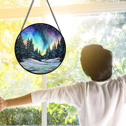 Stained Glass Window Hanging, Aurora Landscape Sun Catchers Glass Panel Green Trees Suncatcher Decor for Birthday for Women, Men, Wife, Aunt, and Mom 7.8 in