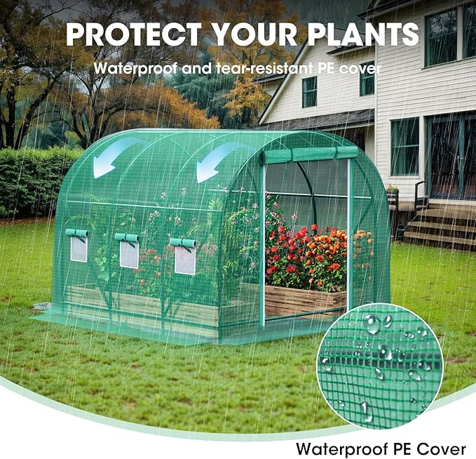Grezone Walk-in Greenhouse Upgraded Green House with Zippered Screen Doors & 6 Screen Windows Heavy Duty Plastic Plant Warm House with Reinforced Frame (12x7x7 FT)