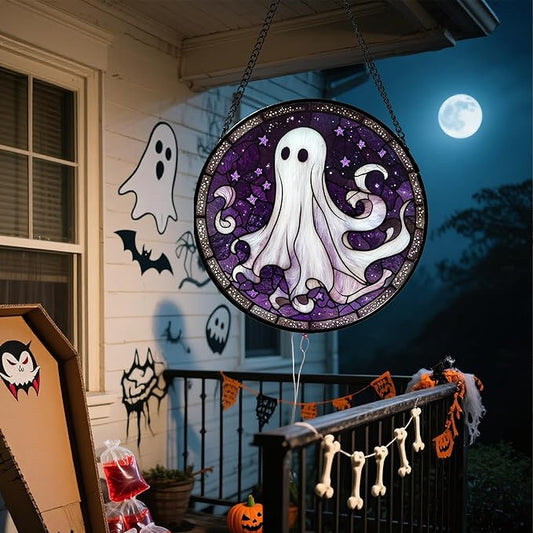 Stained Glass Window Hanging - Halloween Decorations White Ghost Purple Stars Suncatcher for Doors Garden Spooky Funny Sun Catchers Gothic Decor Horror Gifts for Women Men Friend 6.3 in