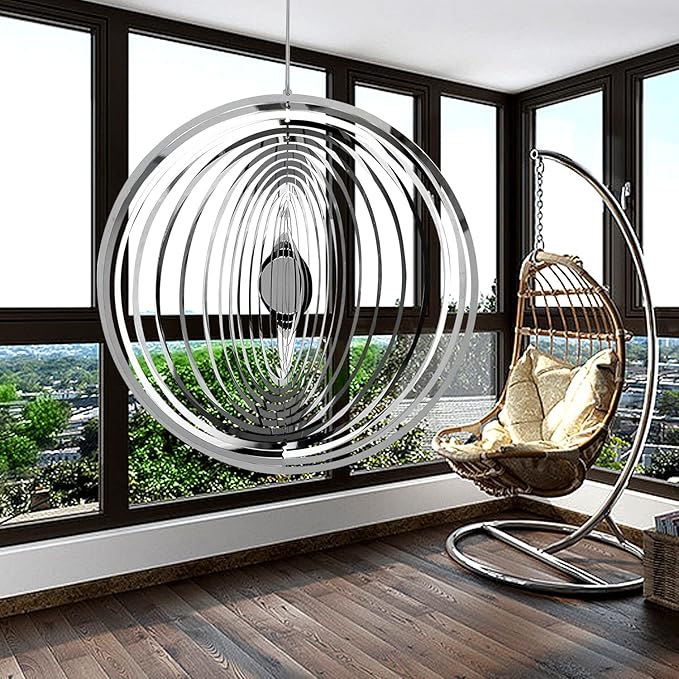 Hanging Wind Spinner Outdoor Metal Decorations, Silver Wind Spinners for Yard and Garden,3D Mirror Stainless Steel Wind Sculptur Chime Indoor Outdoor Garden Decoration Worth Gift （Round）