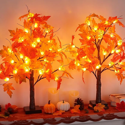 2 Pack 24 Inch Artificial Lighted Fall Maple Tree Thanksgiving Decorations with 48 LEDs Battery Operated Timer Prelit Acorn Maple Tree Lights for Thanksgiving Table Decor Home Indoor Autumn Harvest