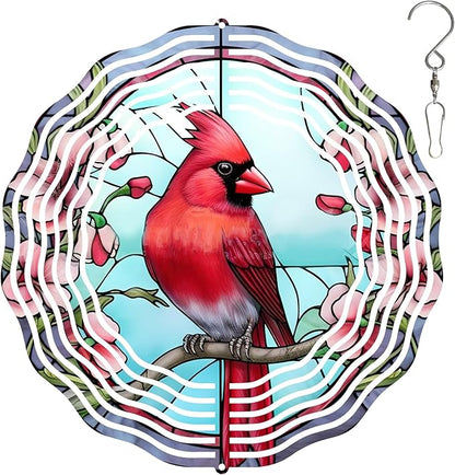 3D Cardinal Wind Spinner 3D Bird Spinners with Flower for Yard and Garden 3D Stainless Steel Cardinal Spinner with Unique Visual Effect Perfect Garden Decoration and Gift 10Inch