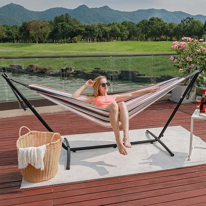 Hammock with Stand for Outside, Heavy Duty Space Saving Steel Stand with 450 lb Capacity, Double Hammock with Portable Carrying Bag, Hamacas Para Adultos for Outdoors, Patio, Garden, Yard