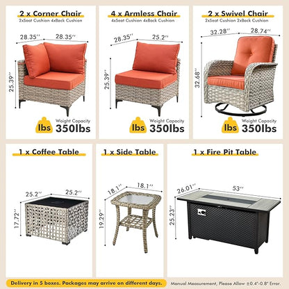 Outdoor Sectional Patio Furniture Set with Fire Pit Table and Swivel Rocking Chairs,11 Pieces Wicker Conversation Sets L Shaped Couch Out Door Sofa Outside Furniture for Garden Deck Yard,Red