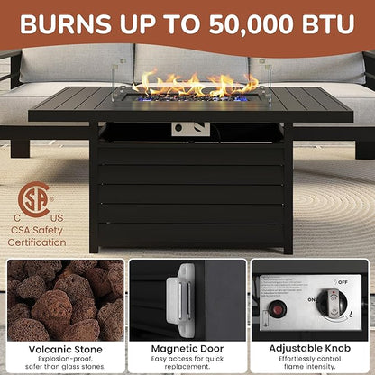 Solaste Aluminum Patio Furniture Set with Fire Pit Table, 5 Piece Metal Outdoor Furniture with Water-Resistant Cushions, Modern Patio Conversation Set for Balcony, Front Porch, and Backyard, Black