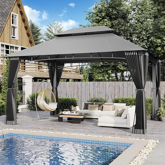 AOXUN Outdoor Gazebo for Patio 10x13, Metal Frame Canopy with Double Roofs, Heavy Duty Party Tent and Shelter with Mosquito Nettings for Backyard, Lawn, Garden, Deck (Gray/no Privacy Screen)