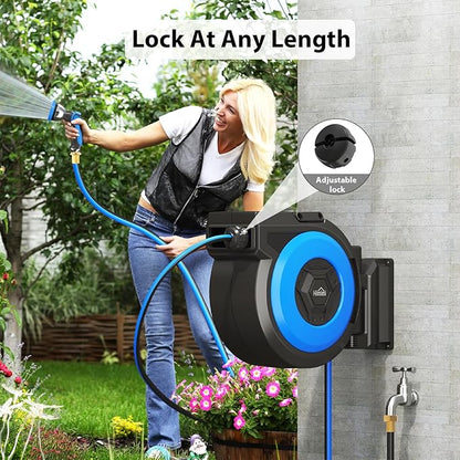 Retractable Garden Hose Reel, 1/2" x 131FT Heavy Duty Automatic Retractable Hose Reel Wall Mount, with 10- Function Sprayer Nozzle, Any Length Lock/Auto Rewind/180°Swivel