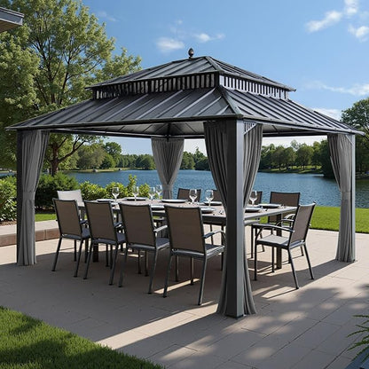 SUNJOY Kingston 14' x 12' Hardtop Gazebo with Galvanized Steel Double Roof, Curtain and Netting, Gray Aluminum Posts Permanent Pavilion Gazebo for Garden, Patio, Deck, Lawn