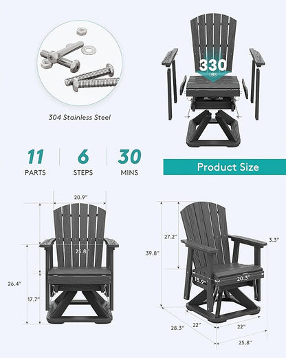 SERWALL Adirondack Swivel Glider Chair, HDPE Swivel Glider Set of 4 for Outdoor, All-Weather Glider Chair for Porch, Balcony, Slate Grey