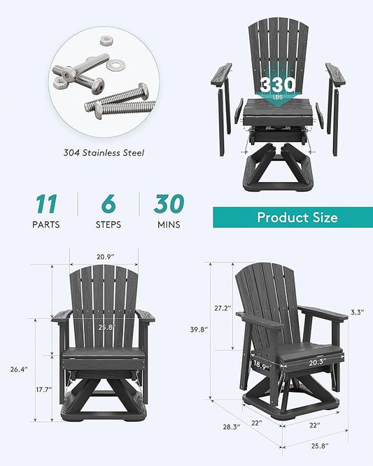 SERWALL Adirondack Swivel Glider Chair, HDPE Glider Rocking Chair for Outdoor, All-Weather Glider Chair for Porch, Balcony, Grey