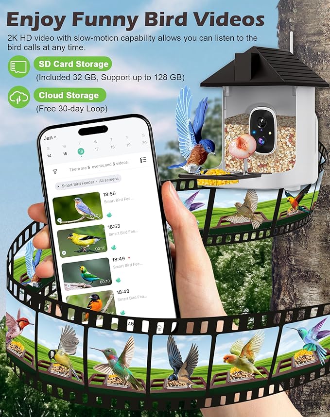 Smart Bird Feeder with Camera Solar Powered, 2.5K Live Video Bird House Camera, AI Identifies, Auto Capture & Notify, Motion Detection, Cloud Storage, Color Night Vision, Ideal Gift for Bird Watching