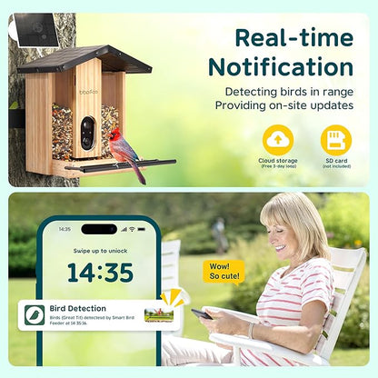 Bird Feeder with Camera Solar Powered, Smart Bird Feeder with AI Identify for 10000 Plus Species, Auto Capture & Real-time Notifications, Ideal Gift for Birdwatching, Bamboo