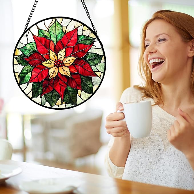 Stained Glass Window Hanging - Red Poinsettia Birth Flower Sun Catcher for Door Garden Home Decor Suncatcher Christmas Mother's Day Birthday Gifts for Women Men Mom Girl Nana Friend 9.8 in