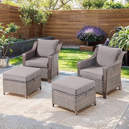 Outdoor Wicker Chair Patio Chairs-Rattan Wicker Chairs with Ottomans Patio Conversation Sets for Porch Garden Balcony Backyard Poolside-Brown/Grey