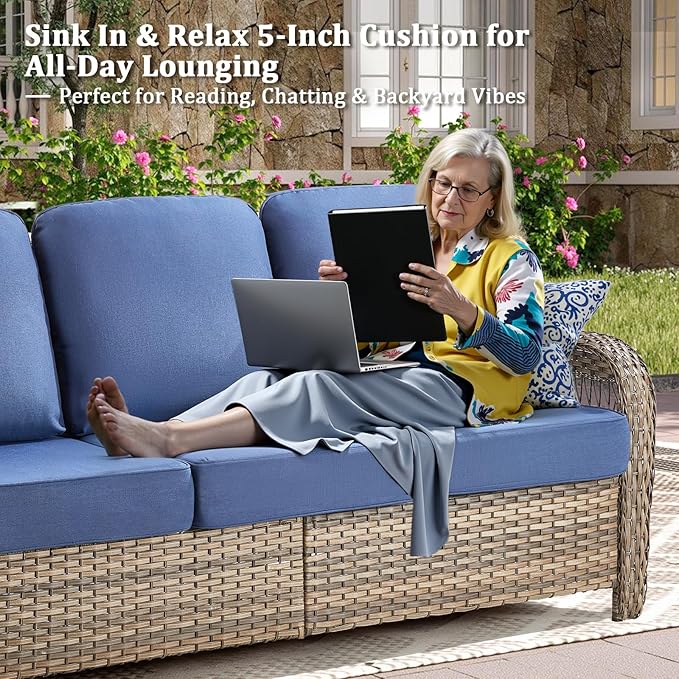 6 Pieces Patio Furniture Set Outdoor Sectional Sofa Couch with Rocking Swivel Chairs 5" Deep Seat Chairs, 2 Sofa Sets Modern Wicker Rattan Conversation Set, Blue/Gray Wicker