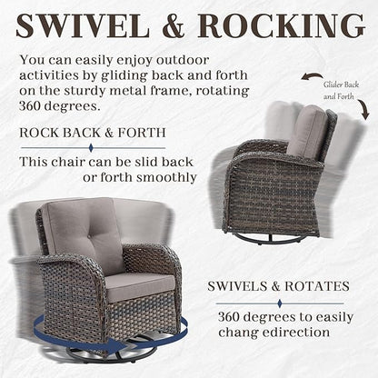 HUMMUH 9 Piece Patio Furniture Set with Fire Pit Table,Wicker Patio Swivel Rocker Outdoor Chairs 3-Seat Sofa with Ottomans for Backyard,Poolside,Deck