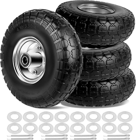 4.10/3.50-4 Tires and Wheels Flat Free 10 Inch Solid Tires Replacement with 5/8" Axle Bore Hole, 16 Spacers 8 Pins, for Cart, Garden Wagon, Wheelbarrow, Hand Truck, Trolley, Lawn Mower，4P