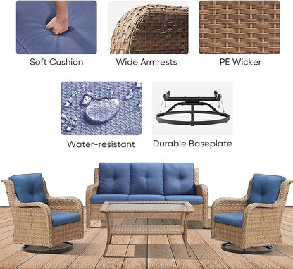 4 Piece Patio Furniture-All-Weather PE Wicker Outdoor Patio Furniture with Swivel Rocker Chairs,Outdoor Couch, Set with Coffee Table-Yellow/Blue