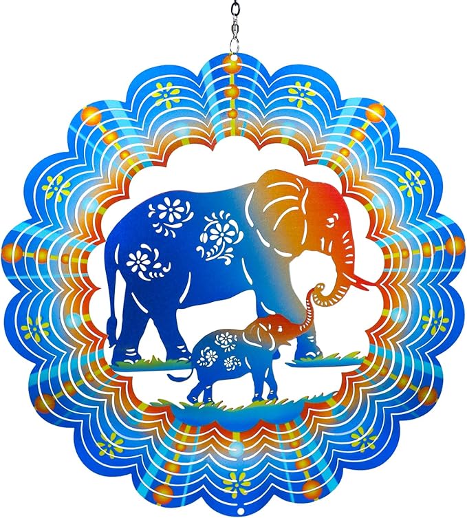 Elephant Wind Spinners Elephant Gifts for Women/Men 12 inch 3D Stainless Steel Hanging Wind Spinner Metal Wind Catchers Kinetic Sculpture for Indoor/Outdoor Decor, Yard Art, Garden Decorations
