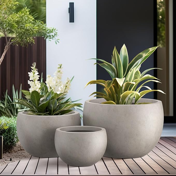 Kante 19.9",15.7",11.8" Dia Round Concrete Planter Set of 3, Outdoor/Indoor Large Bowl Plant Pots with Drainage Hole and Rubber Plug for Garden Patio Balcony Home, Weathered Concrete