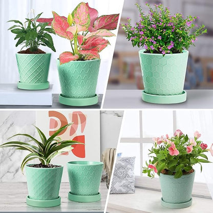 EFISPSS Flower Planter –5 inch Ceramic Plant Pots with Drainage Holes and Ceramic Tray - Gardening Home Desktop Office Windowsill Decoration Gift Set of 4 - Plants NOT Included