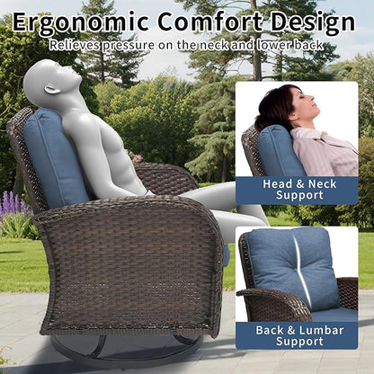 3 Pieces Patio Furniture Set, Outdoor Swivel Rocking Chair Set of 2 with Side Table - 360° Swivel, Thick Cushions, All-Weather Bistro Set for Deck, Porch, Pool(Navy, Brown Full-Weave Rattan)