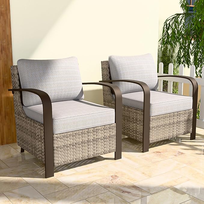 COOS BAY Aurora Terrace Outdoor Chairs with Cushions, Wicker Dining Set with Deep 4-Inch Seating, Modern Curved Armrest Porch Chairs, Set of 2, Beige/Beige