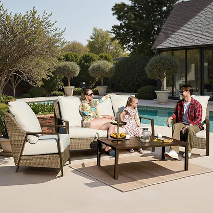 Outdoor Patio Furniture - 2 Pcs Armchair, All-Weather Wicker Outdoor Conversation Set with 4.72" Olefin Thick Cushions for Deck, Porch, Balcony, Backyard, Beige