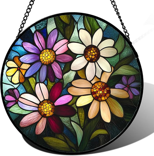 Stained Glass Window Hanging - Colorful Daisies Suncatcher for Door Garden Patio Retro Flower Sun Catchers Decor Christmas Mother's Day Birthday Gifts for Women Mom Nana Aunt Friend 15 in